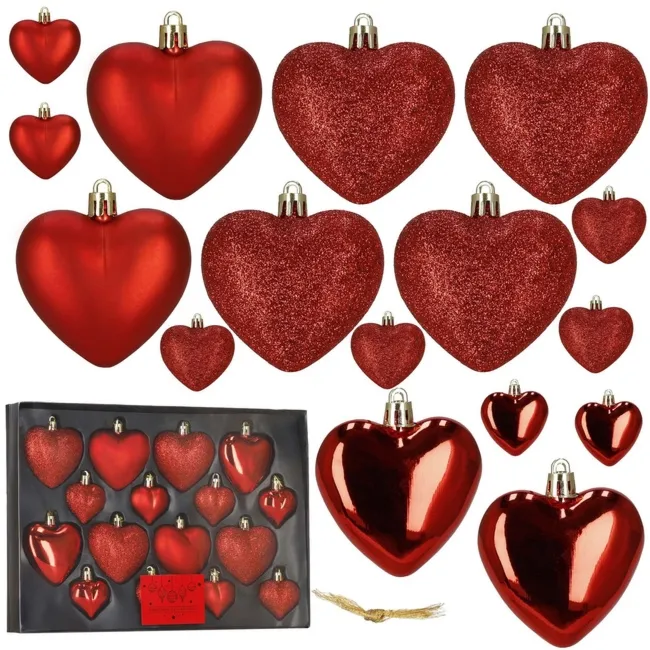 Bombki choinkowe 16 szt. zestaw dekoracji świątecznych, nietłukące, serca, czerwone