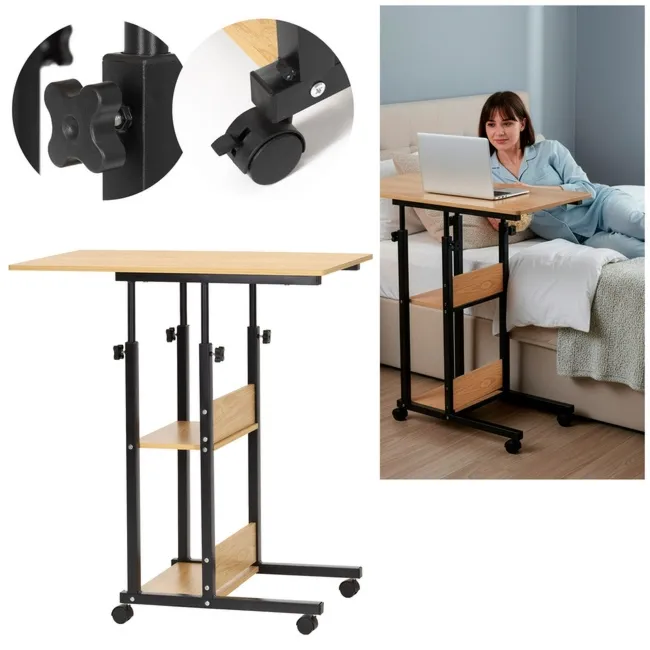 Stolik na kółkach regulowany 76-86 cm biurko mobilne pod laptopa jasnobrązowe