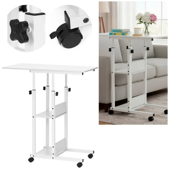Stolik na kółkach regulowany 76-86 cm biurko mobilne pod laptopa biały