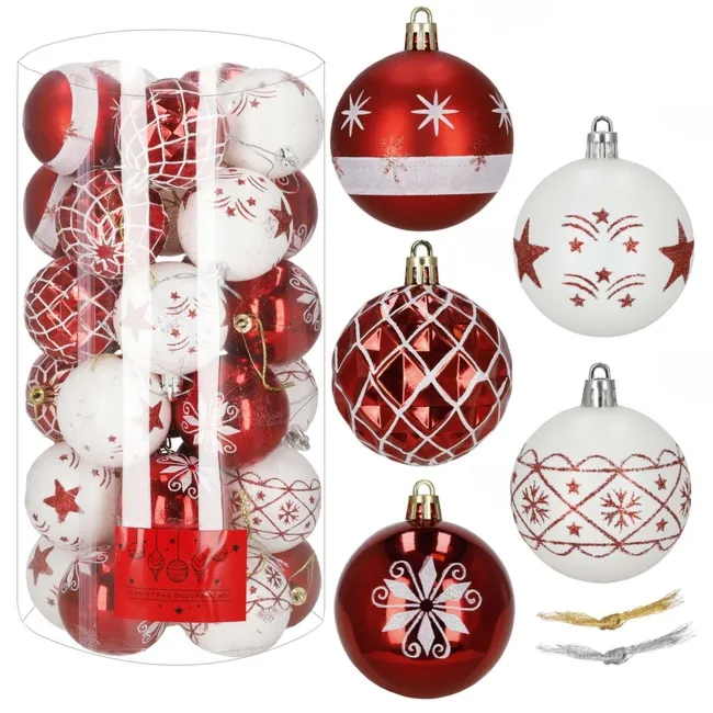 Bombki na choinkę, dekorację choinkowe, świąteczne 30 szt. nietłukące, biało-czerwone