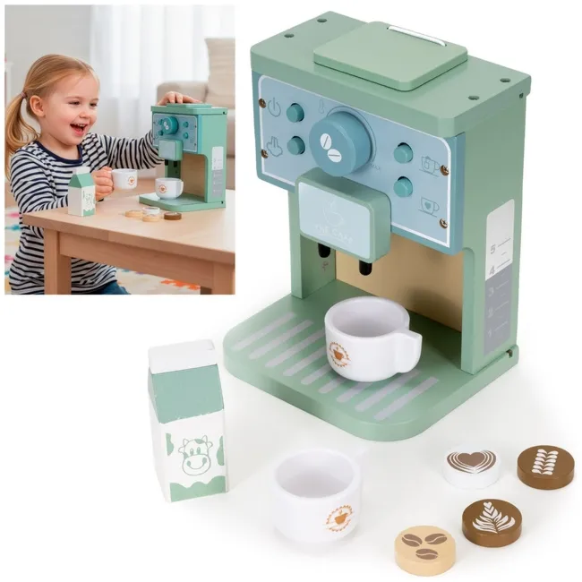 Ekspres do kawy z filiżankami drewniany, zabawka dla dzieci 8 el. multikolor