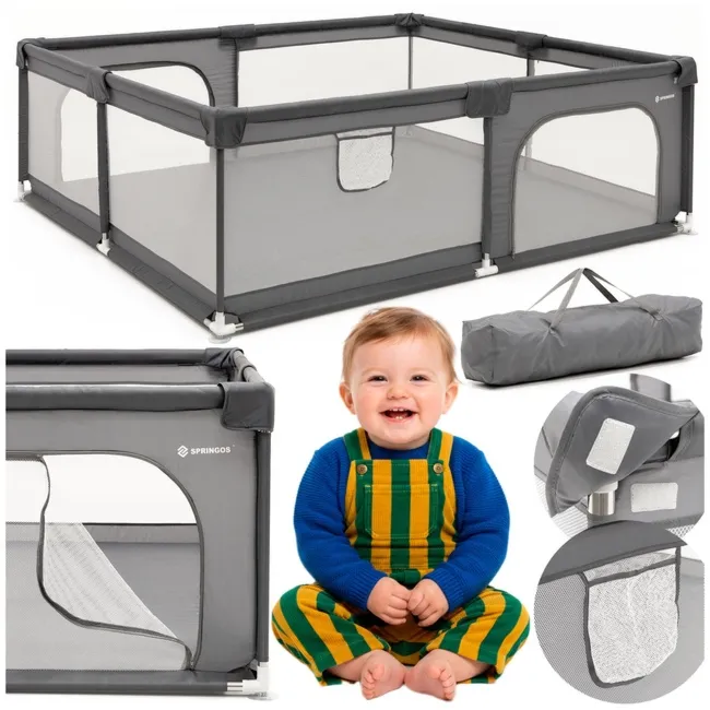 Kojec dla dzieci, zamykany 180x150x66 cm składany, turystyczny, szary