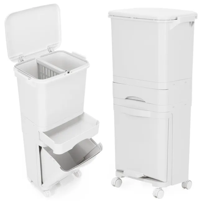 Kosz na śmieci, trzykomorowy 42 l do segregacji odpadów, na kółkach, biały