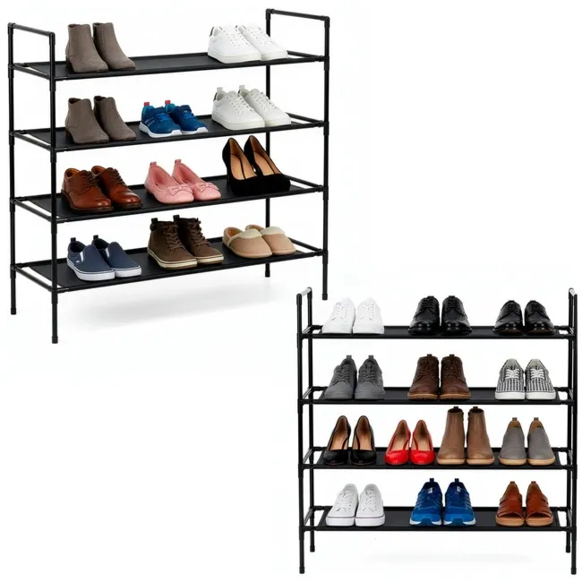 Regał na buty 4 poziomy szafka metalowa z półkami na obuwie 75x72x28 cm czarna