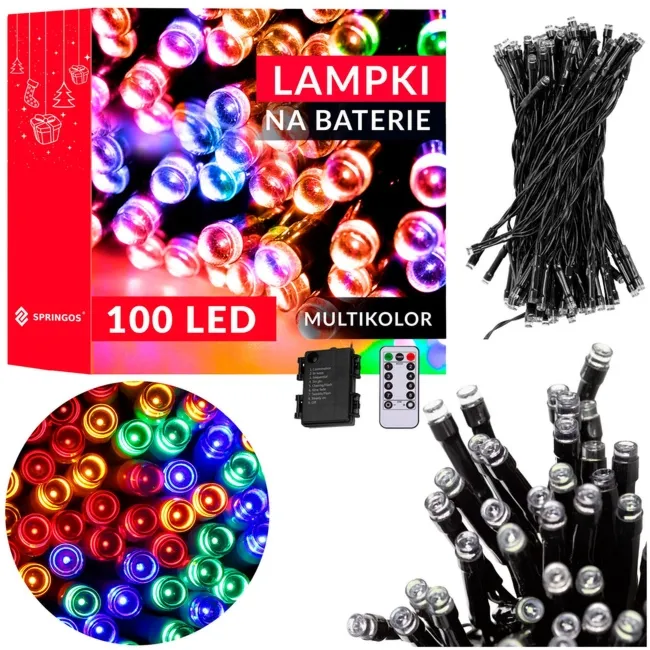 Lampki choinkowe na baterie 100 LED 8 funkcji świecenia na pilot 10 m zewnętrzne, wewnętrzne multikolor