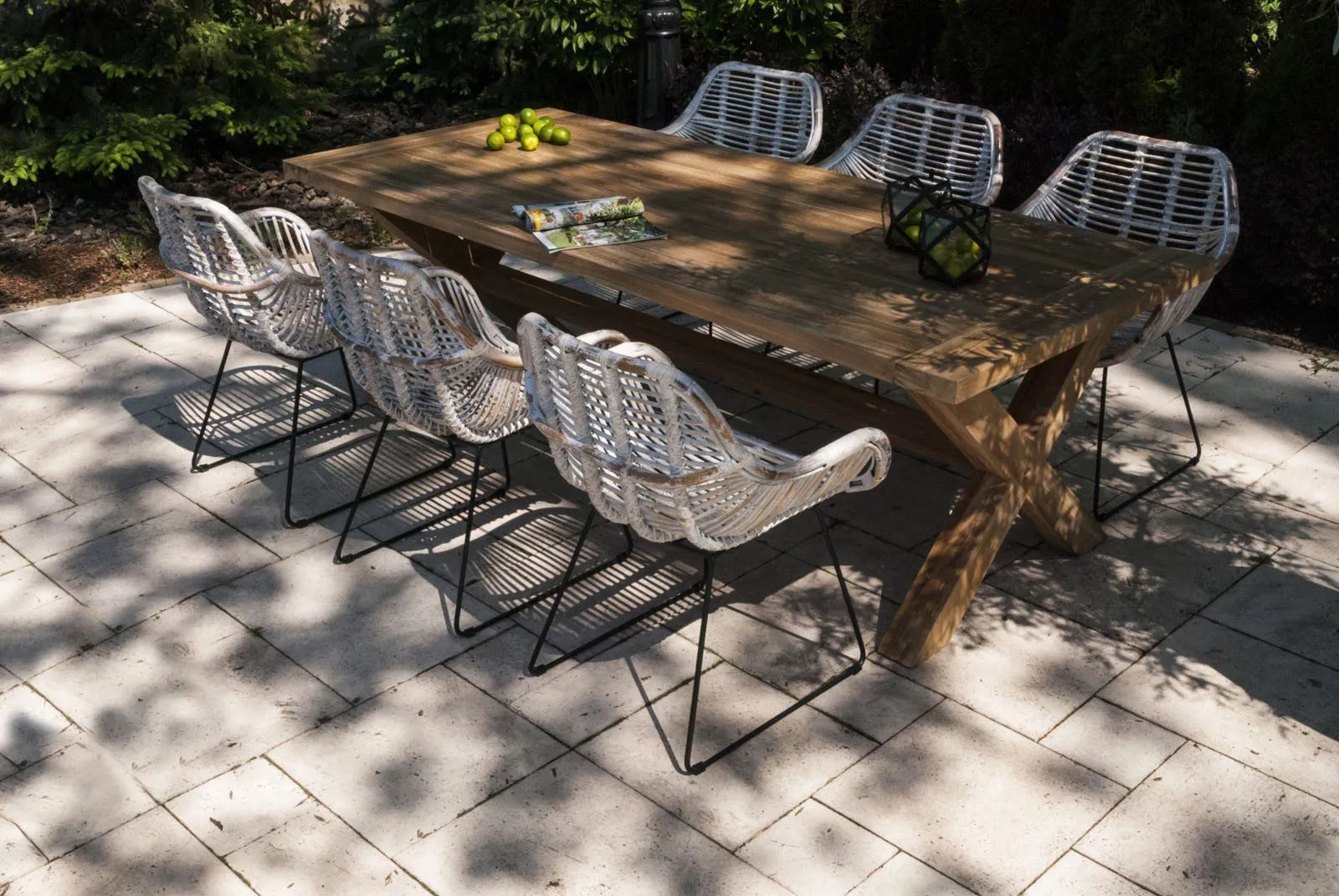 Zestaw stół teakowy z krzesłami z rattanu LYON VIII  Vimine naturalne drewno teak - rattan