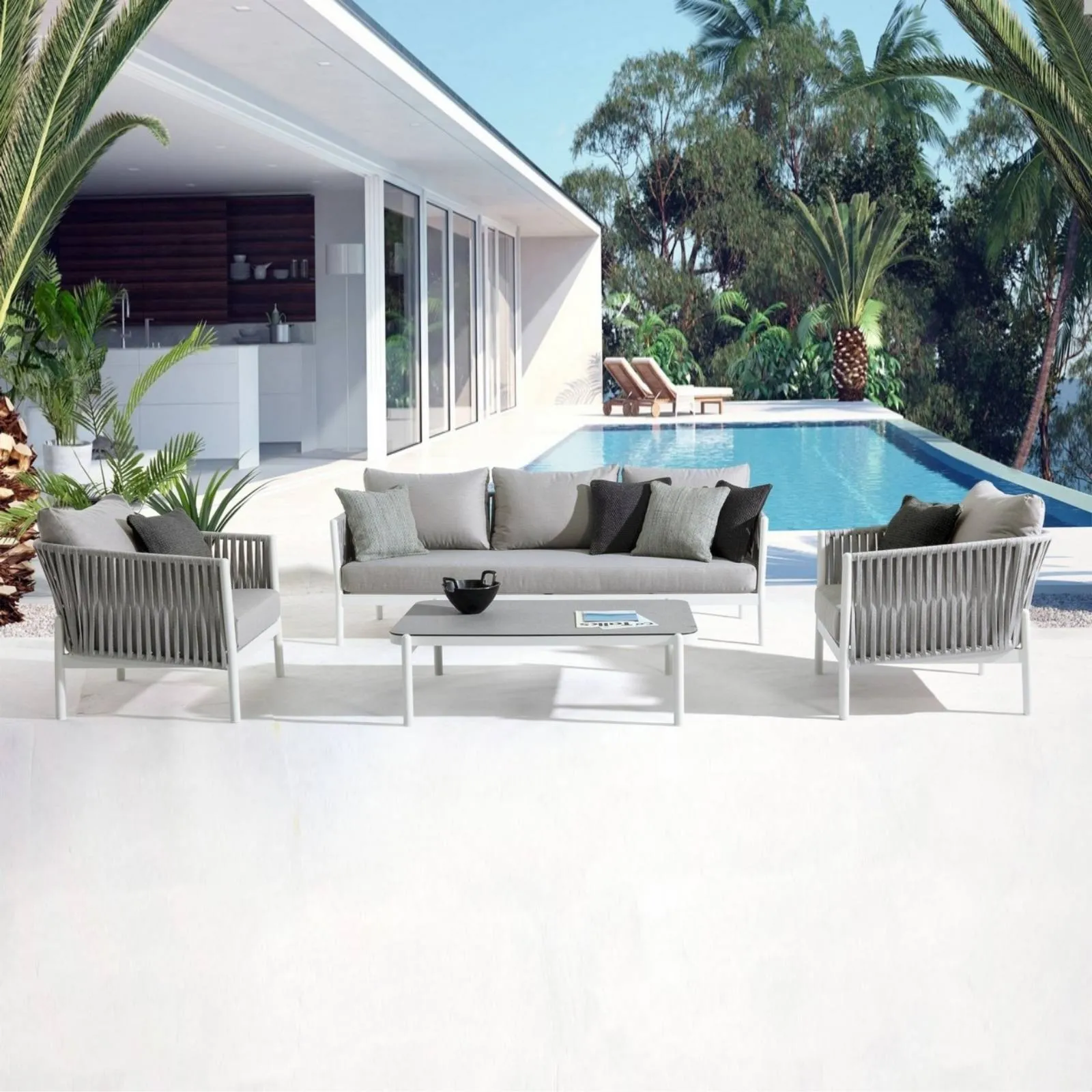 Zestaw mebli Fiora aluminium biały 2 fotele sofa stolik