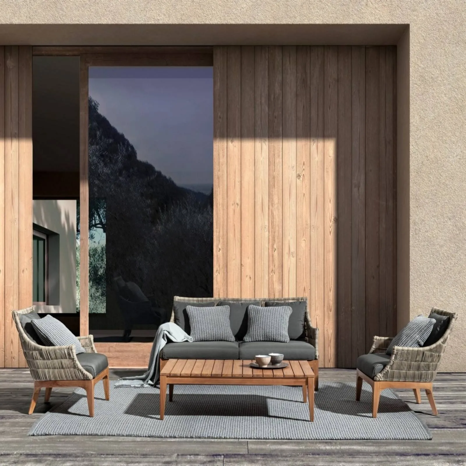 Zestaw Kaviano, sofa, dwa fotele, stolik kawowy drewniany