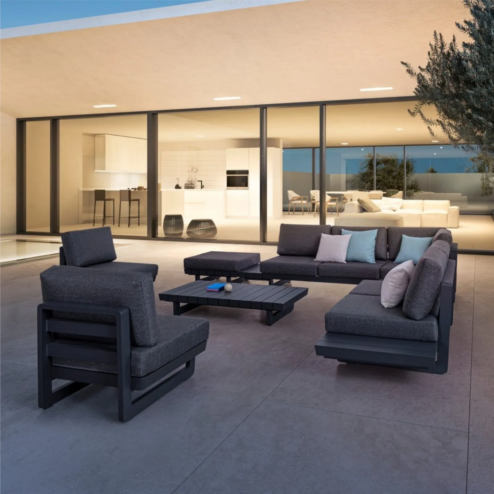 Zestaw Inverno narożnik, fotel, dwa stoliki antracytowy