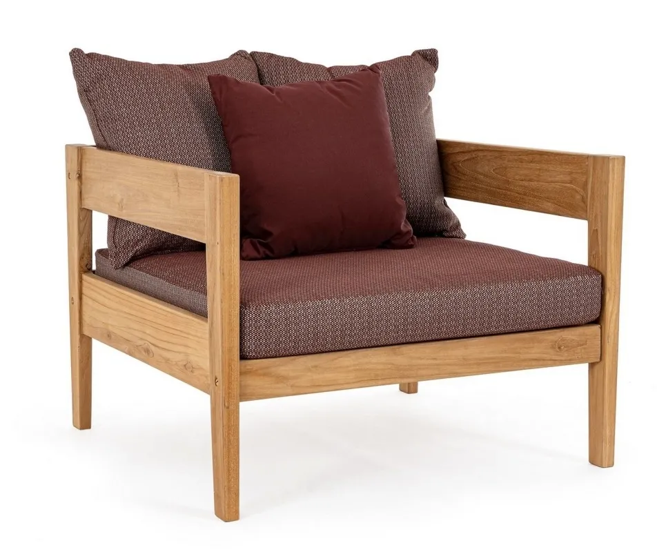 Fotel Kobo drewniany bordowy czerwony tkanina olefin