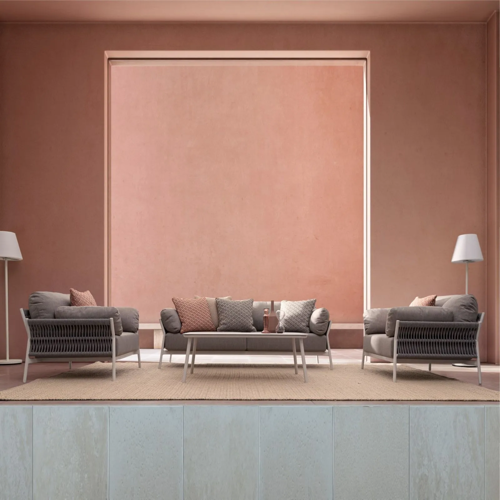 Zestaw mebli ogrodowych PARDIS sofa, dwa fotele, stolik kawowy Bizzotto biały QS20 aluminium