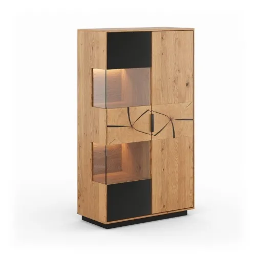 Witryna dębowa stojąa 2D plaster drewna czarne szkło Tirano
