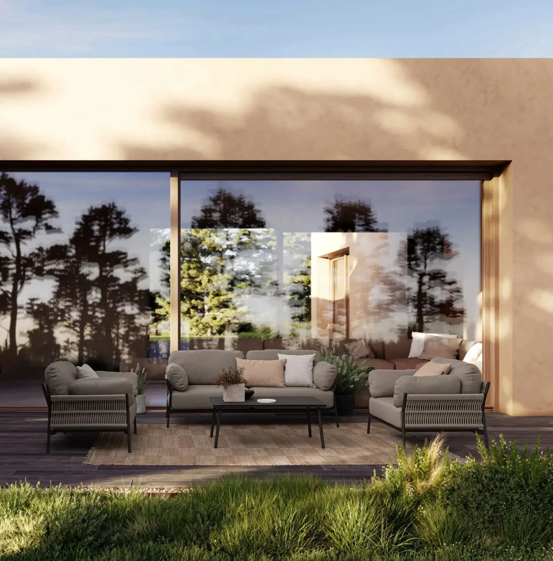 Zestaw mebli ogrodowych Pavio sofa, dwa fotele i stolik kawowy Bolzano czarny aluminium