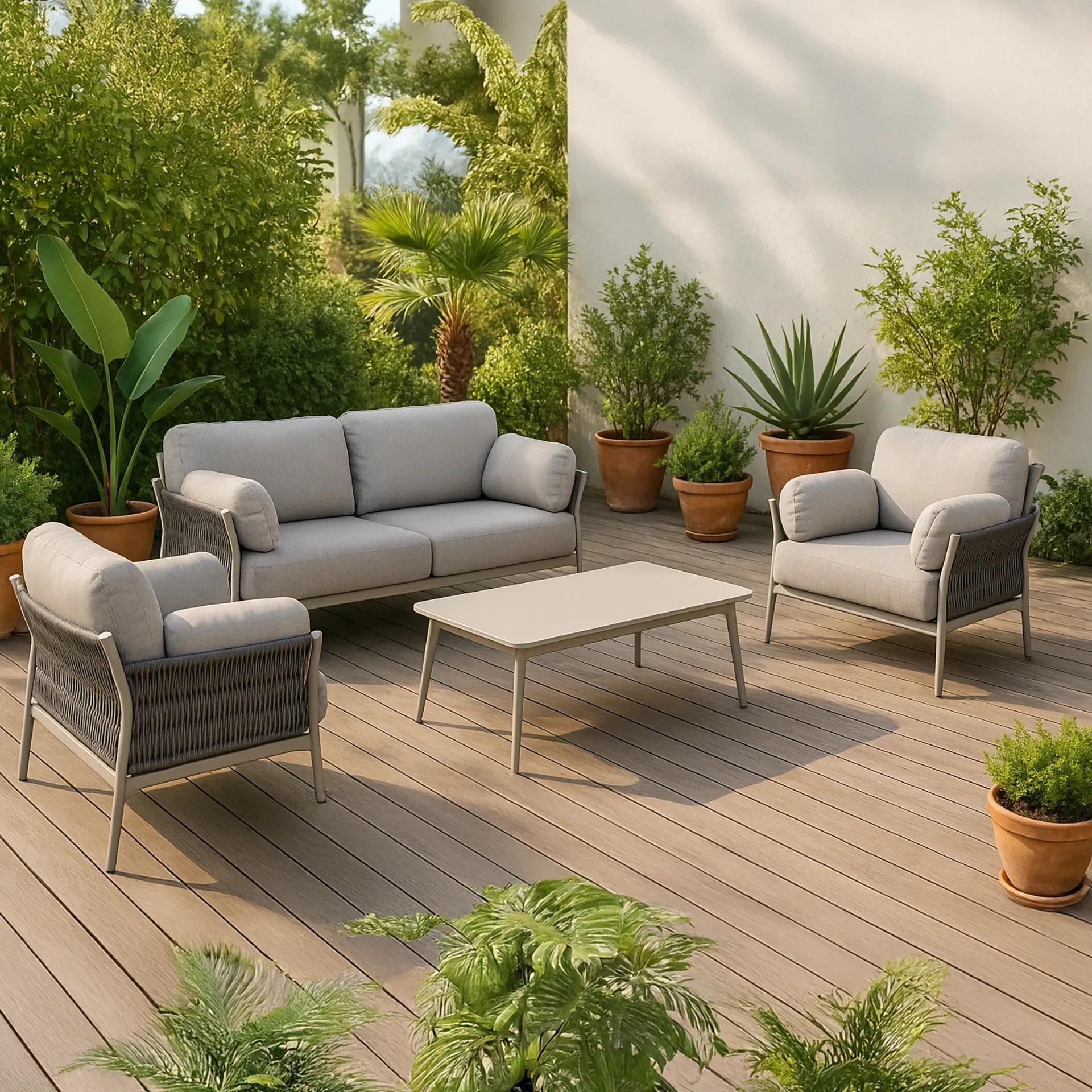 Zestaw mebli ogrodowych PARDIS sofa, dwa fotele, stolik kawowy Bizzotto piaskowy QS26 aluminium