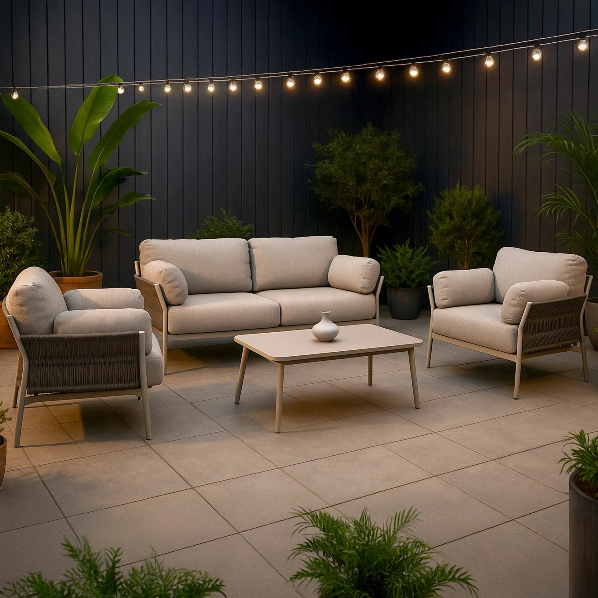 Zestaw mebli ogrodowych Pavio sofa, dwa fotele i stolik kawowy Bolzano piaskowy aluminium