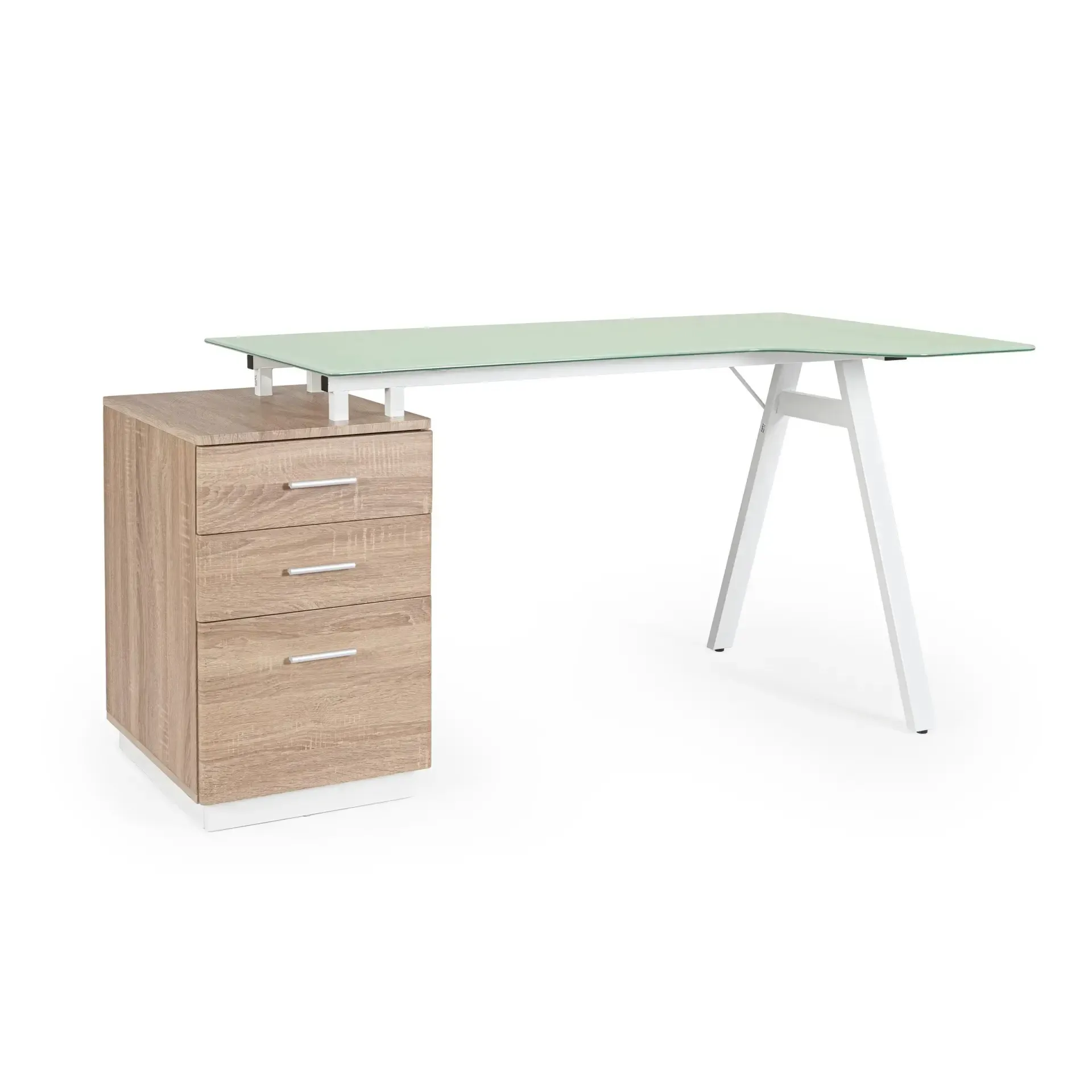 Biurko z kontenerkiem z szufladami CHARLIE Bizzotto naturalne stal + szkło + MDF 150x80x75