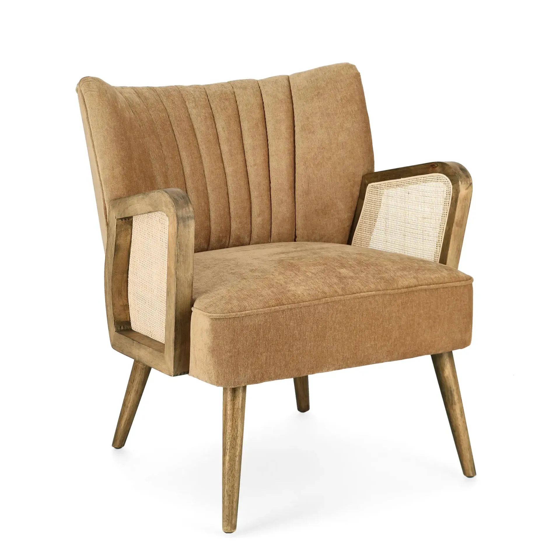 Fotel z podłokietnikami z rattanu VIRNA Bizzotto musztardowy tkanina tapicerska efekt aksamitu 64x71x79