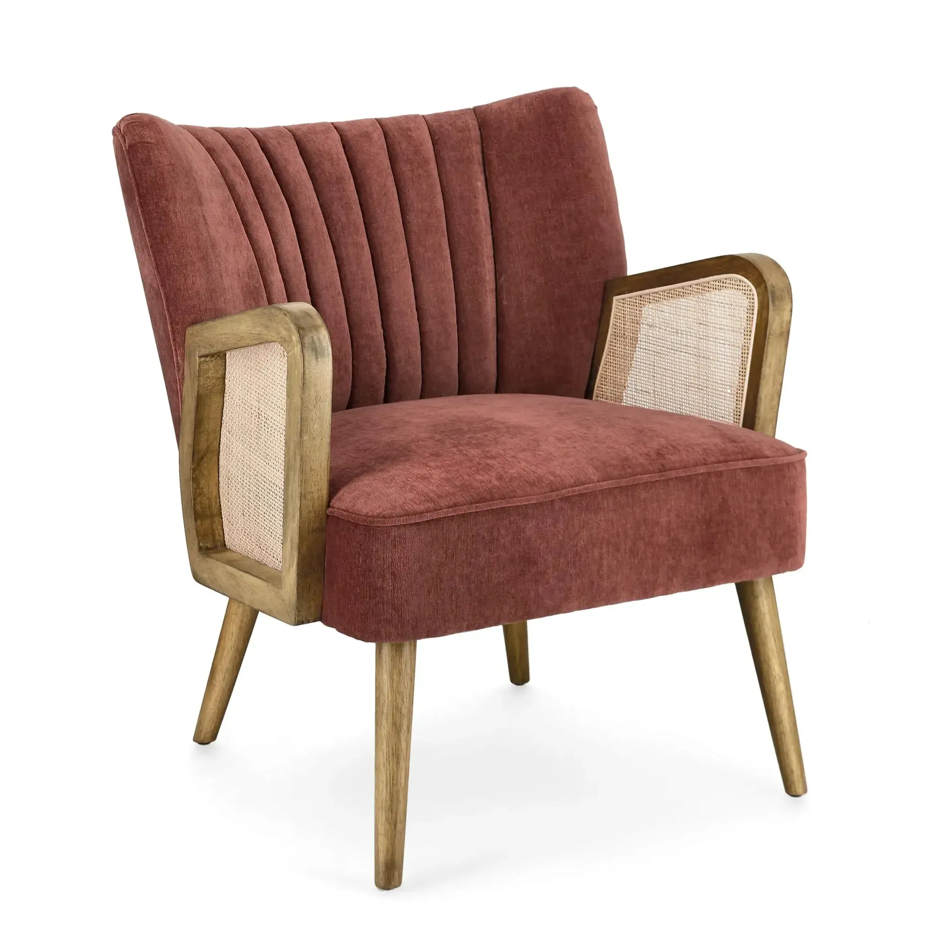 Fotel z podłokietnikami z rattanu VIRNA Bizzotto ceglasty tkanina tapicerska efekt aksamitu 64x71x79