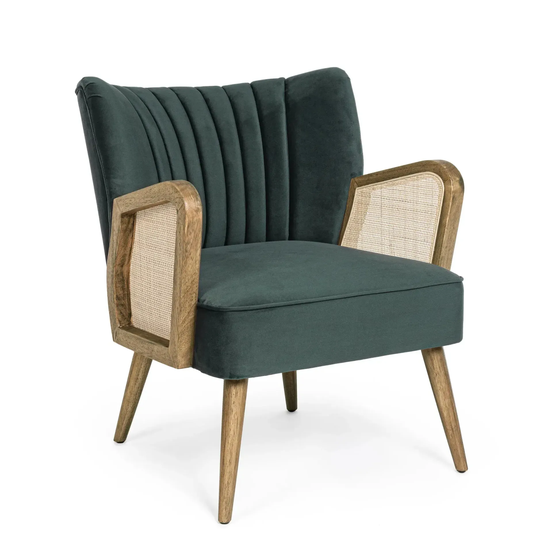 Fotel z podłokietnikami z rattanu VIRNA Bizzotto zielony tkanina tapicerska efekt aksamitu 64x71x79