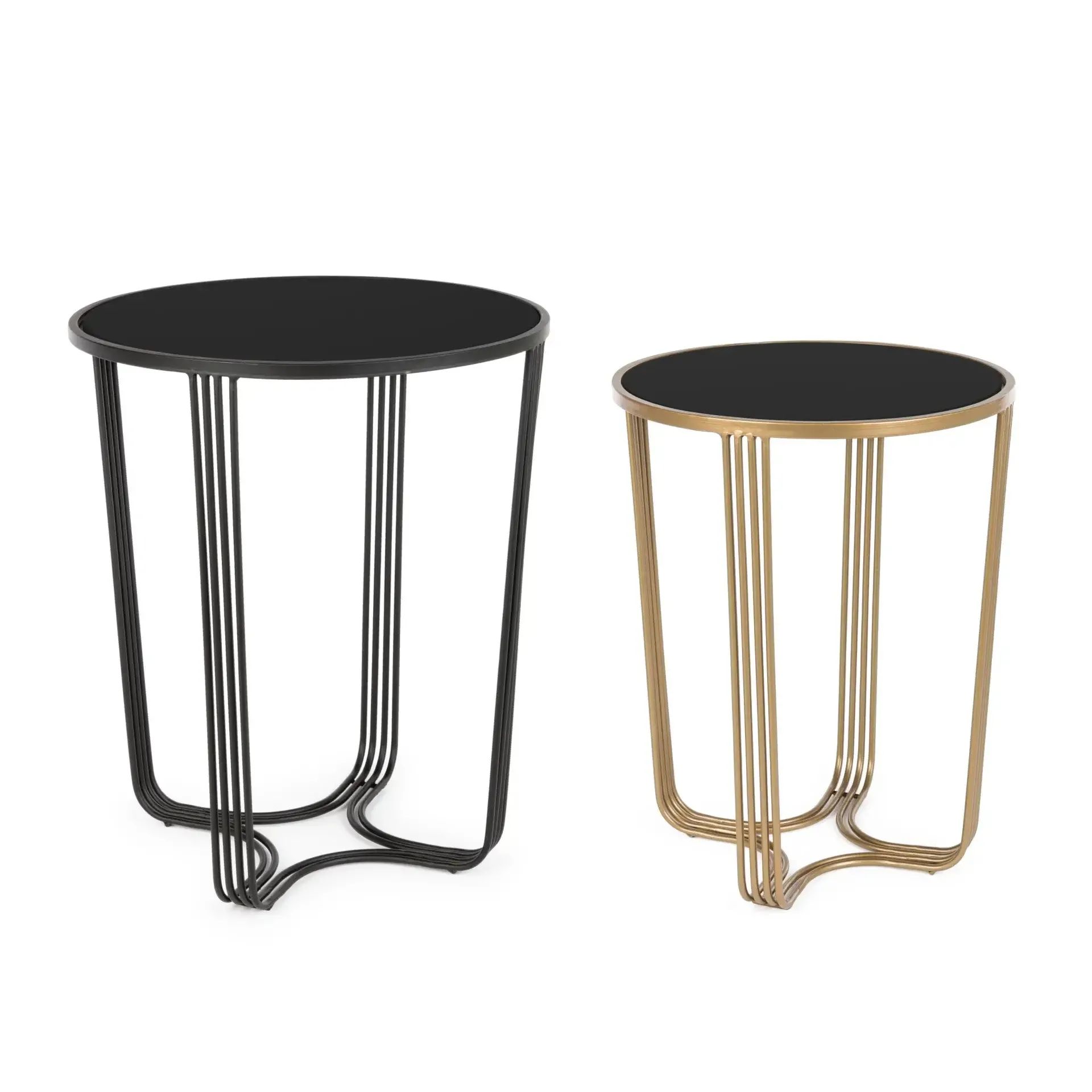 Zestaw stolików kawowych w stylu glamour AFEF Bizzotto czarny | złoty szkło + stal Ø42x54.5 | Ø50x60
