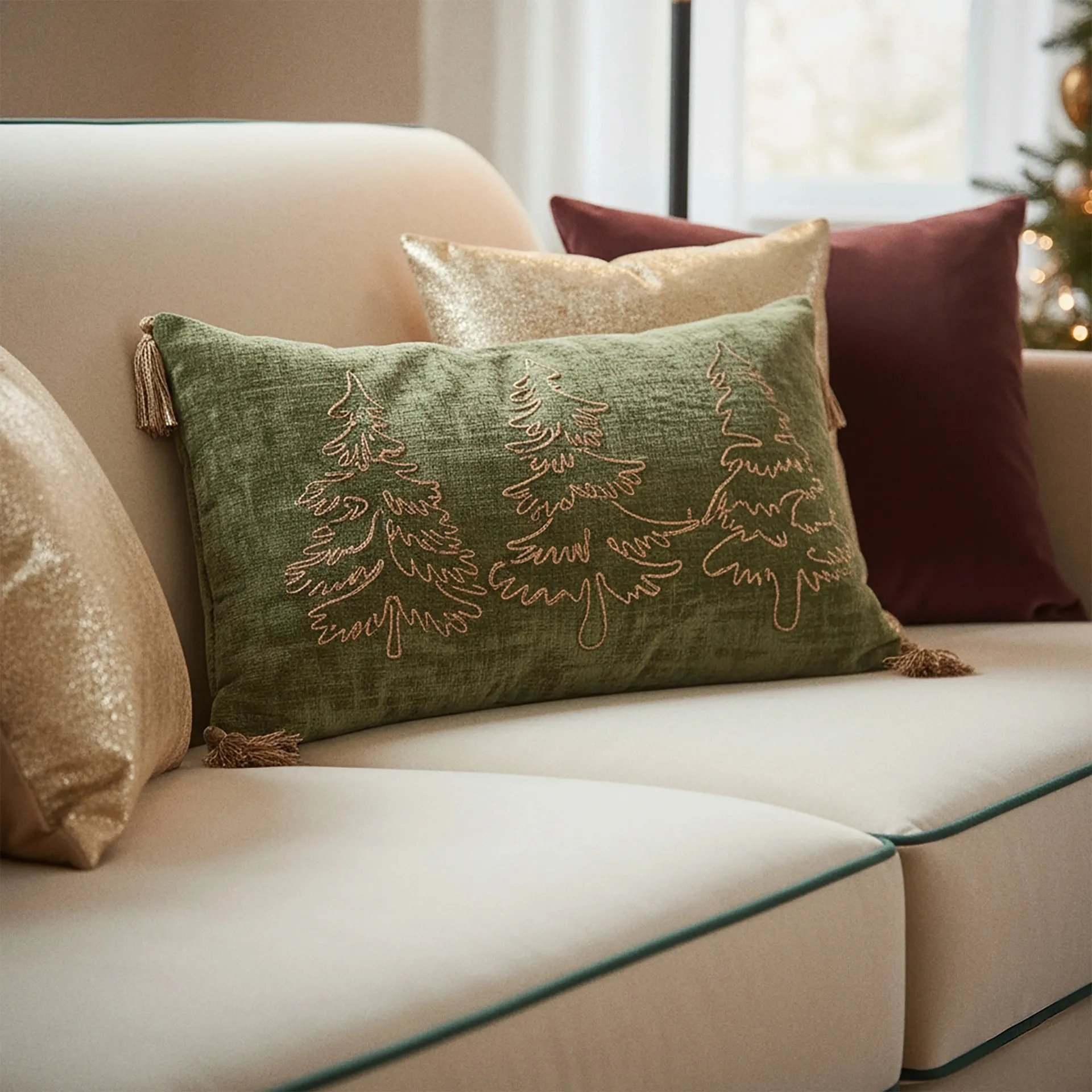 Zielona świąteczna poduszka HERBERT z frędzlami 50x30 cm Bizzotto