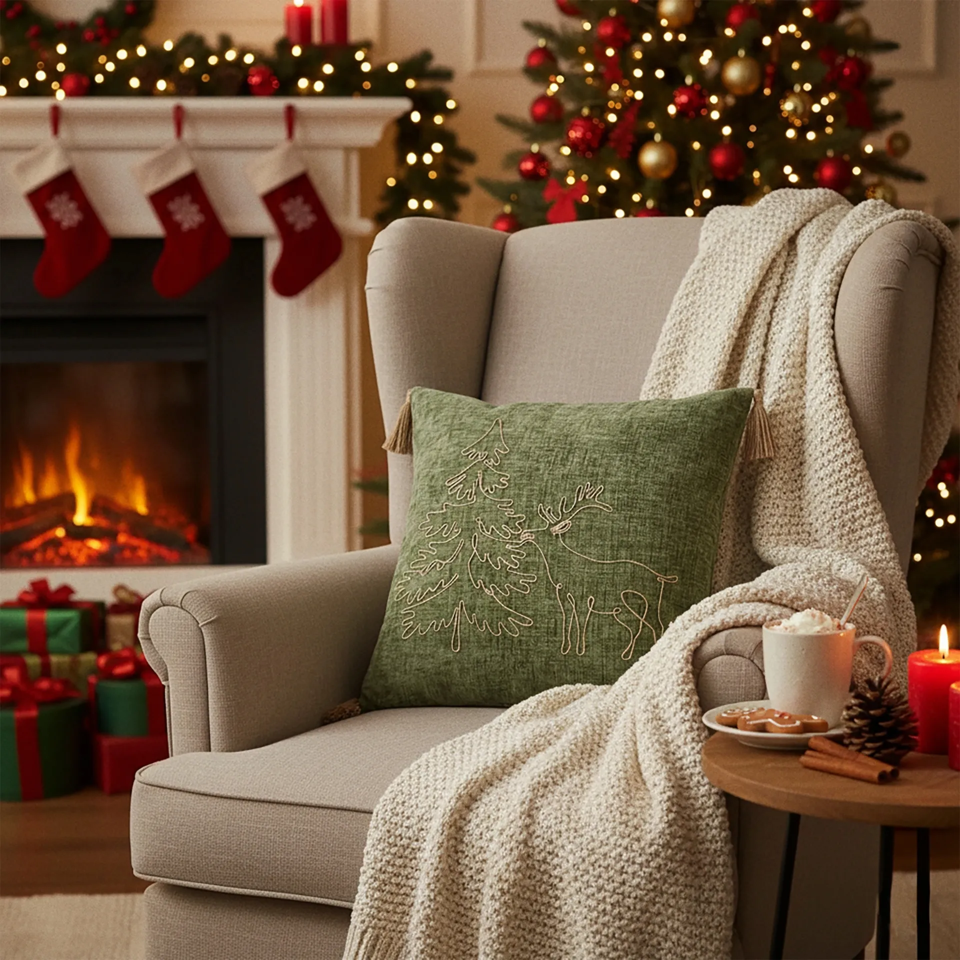 Zielona świąteczna poduszka HERBERT z frędzlami 45x45 cm Bizzotto