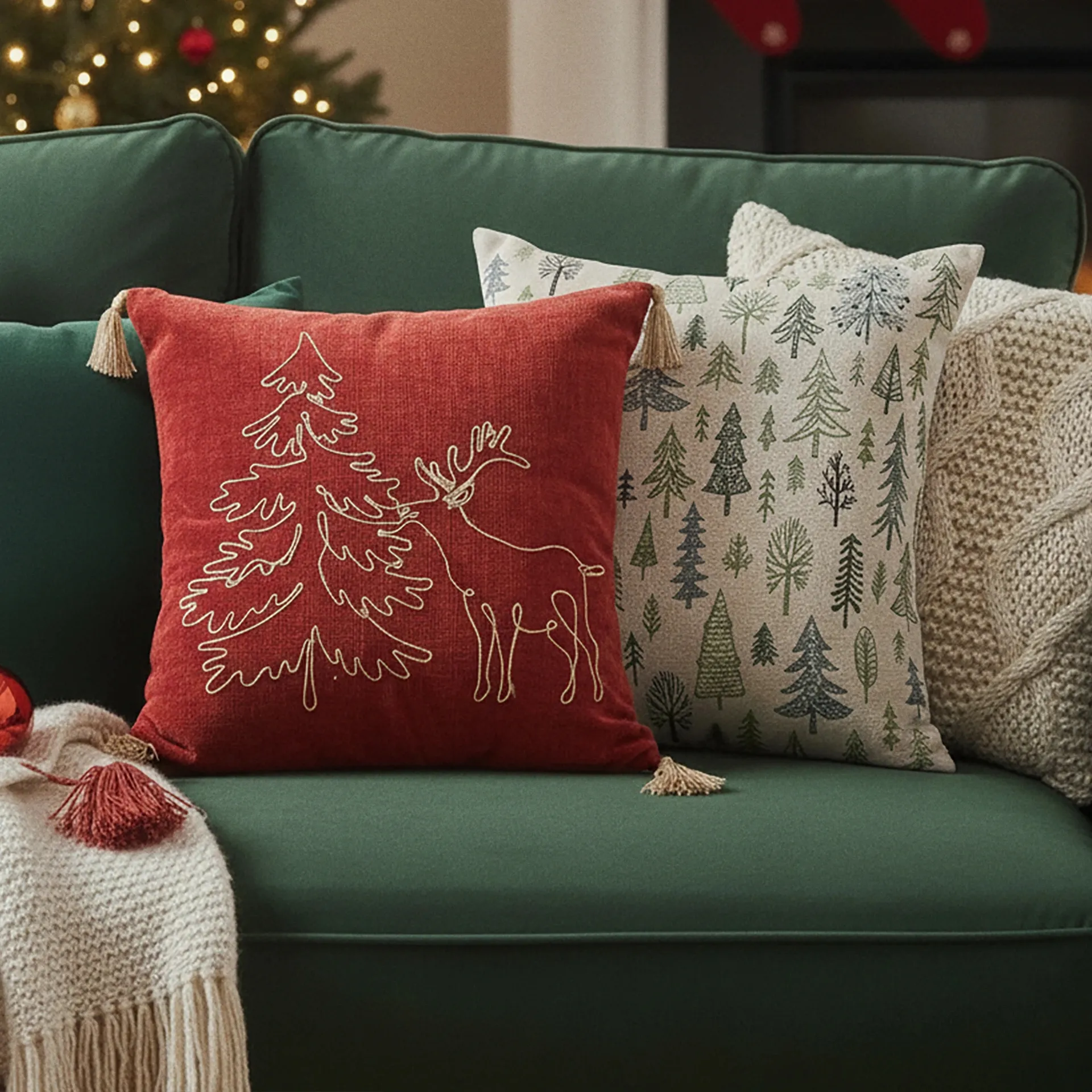 Bordowa świąteczna poduszka HERBERT z frędzlami 45x45 cm Bizzotto