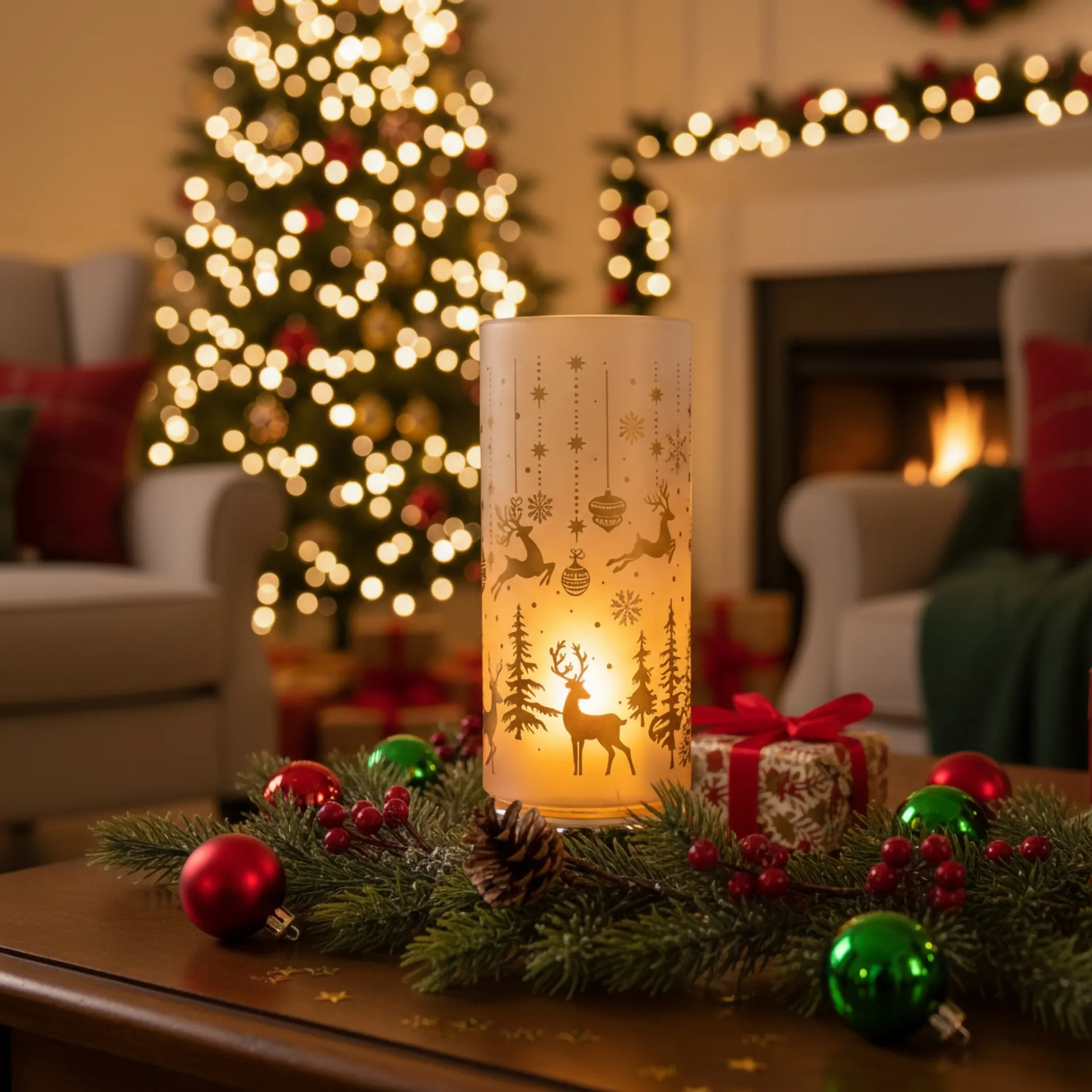 Wysoki lampion szklany LED z motywem świątecznym