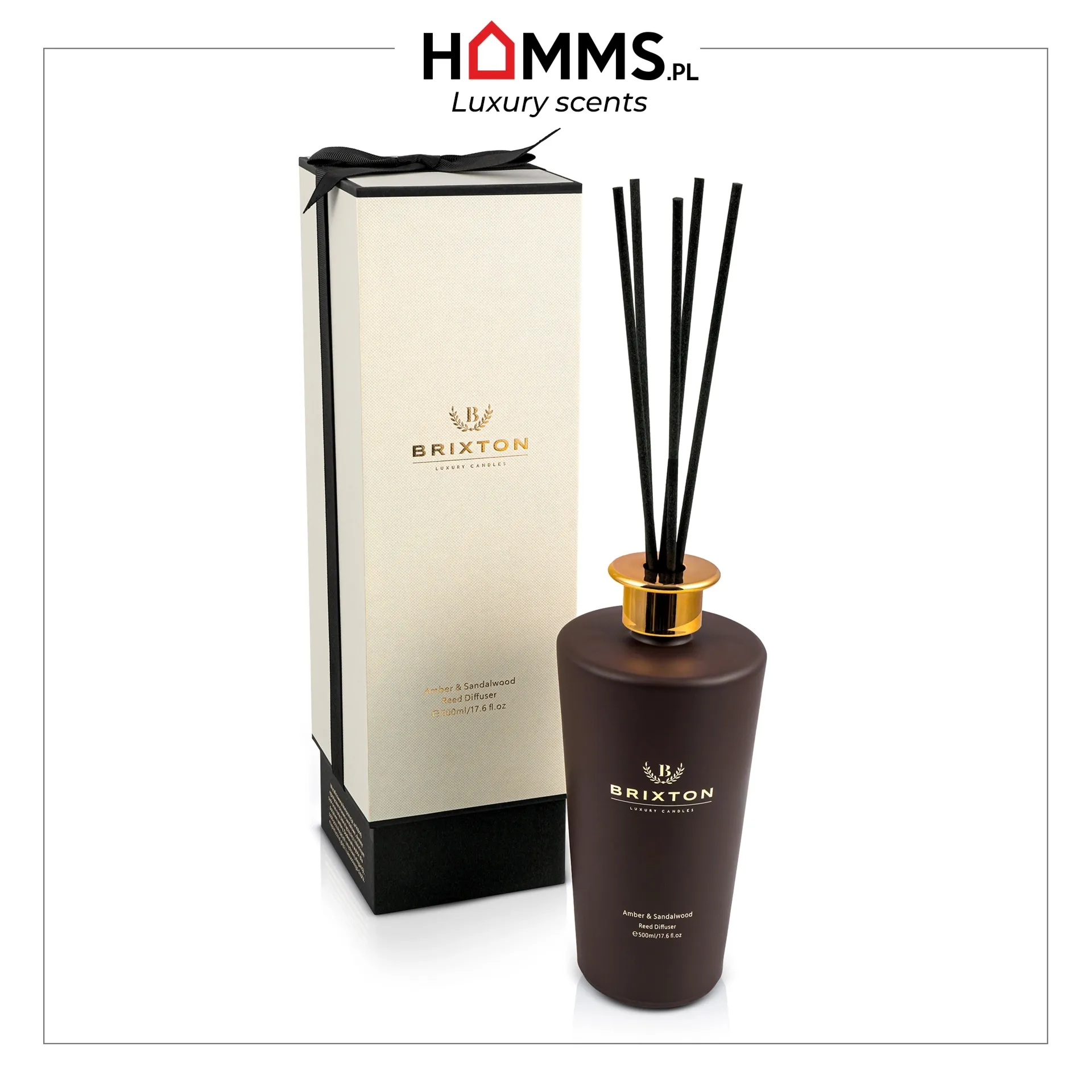 Dyfuzor zapachowy w szkle z patyczkami BRIXTON 500ml Amber & Sandalwood