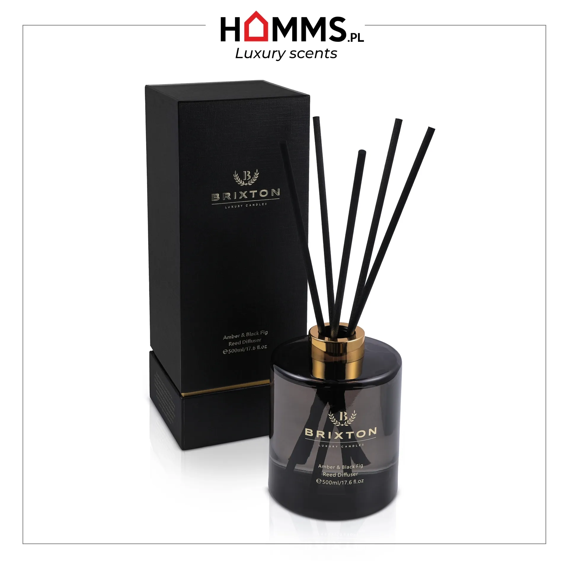 Dyfuzor zapachowy w szkle z patyczkami BRIXTON 500ml Amber & Black Fig